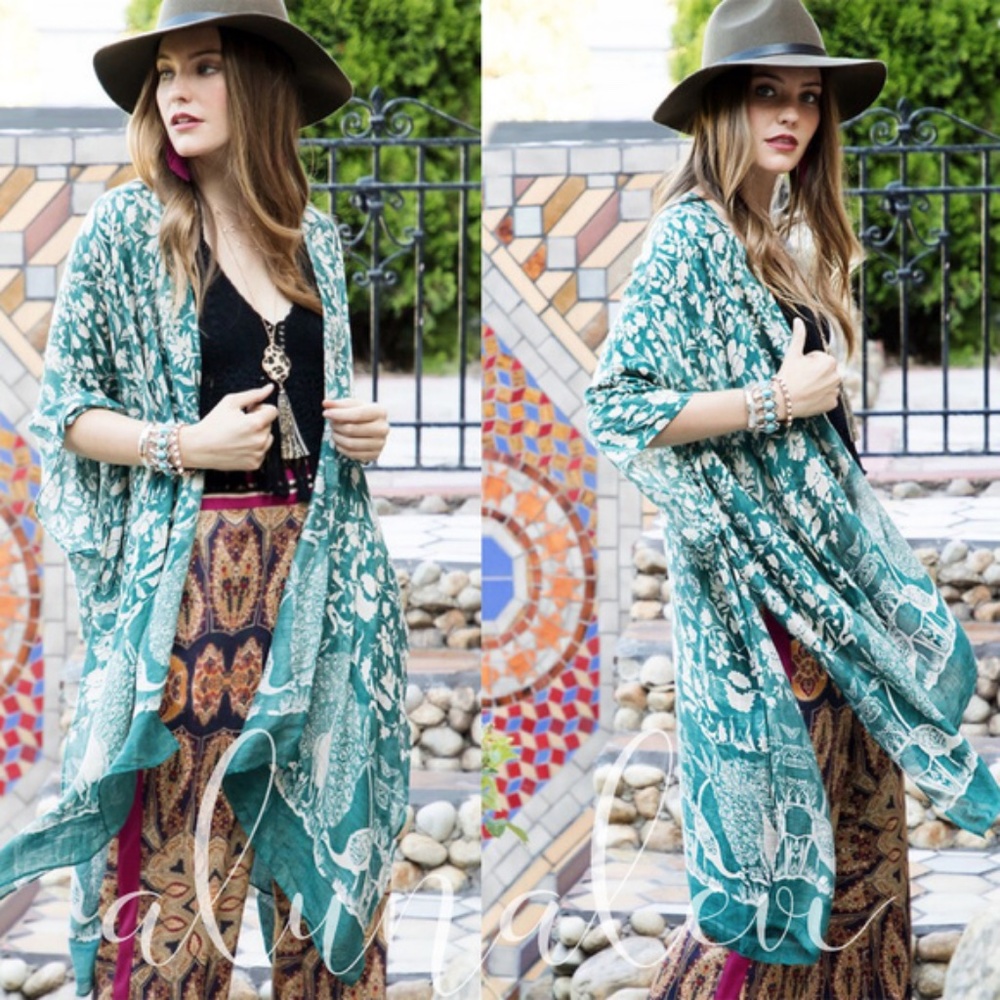 08 Boho Floral peacock print Kimono Beach Cover up